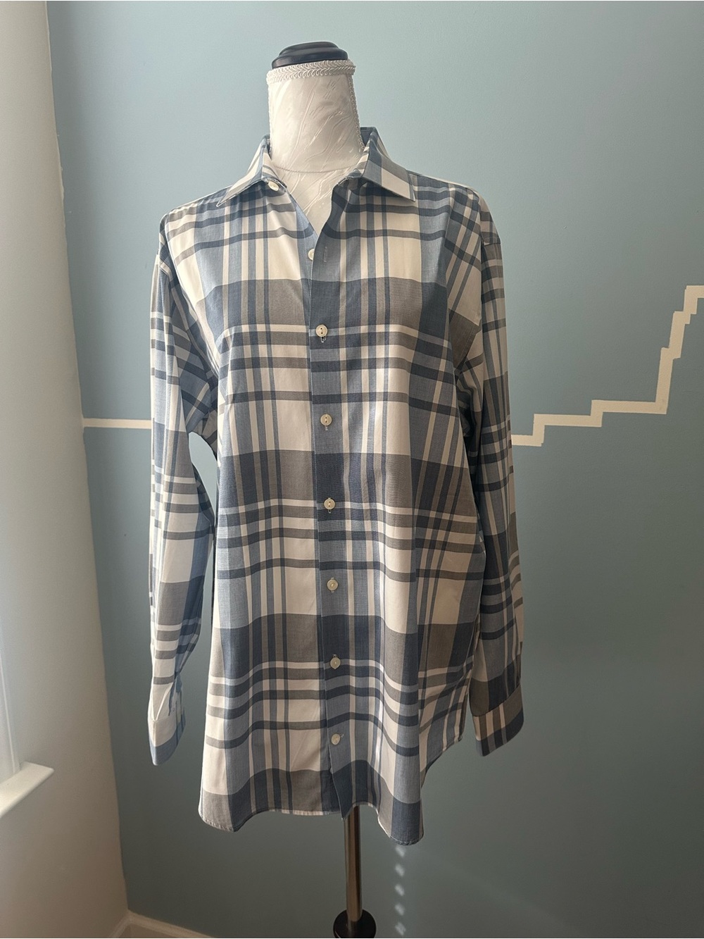 Kenneth Cole Reaction Slim Fit Men's Blue & White Plaid Button-Down Shirt